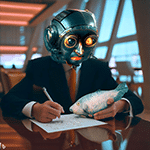 Robot en costume rédigeant un article, illustration Avec ou sans ChatGPT