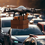 Drone livrant des colis au-dessus d'un embouteillage, poisson d'avril