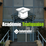 Entrée des bureaux d'Infotrafic avec le logo « Académie Trafiquaise »