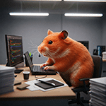 Hamster pilotant des écrans depuis un bureau, poisson d'avril
