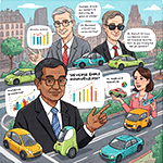 Caricature de chercheurs devant un trafic dense, poisson d'avril