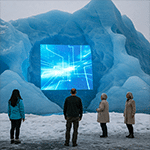 Écran d'affichage dynamique dans une grotte de glace, montage du 1er avril