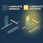 Schéma AutoDim : luminosité minimum sans véhicule, maximum à l'arrivée d'une voiture