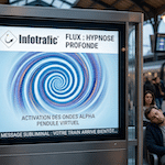 Écran de gare diffusant le faux flux Hypnose Profonde, poisson d'avril