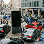 Embouteillage autour d'un totem d'affichage dynamique éteint
