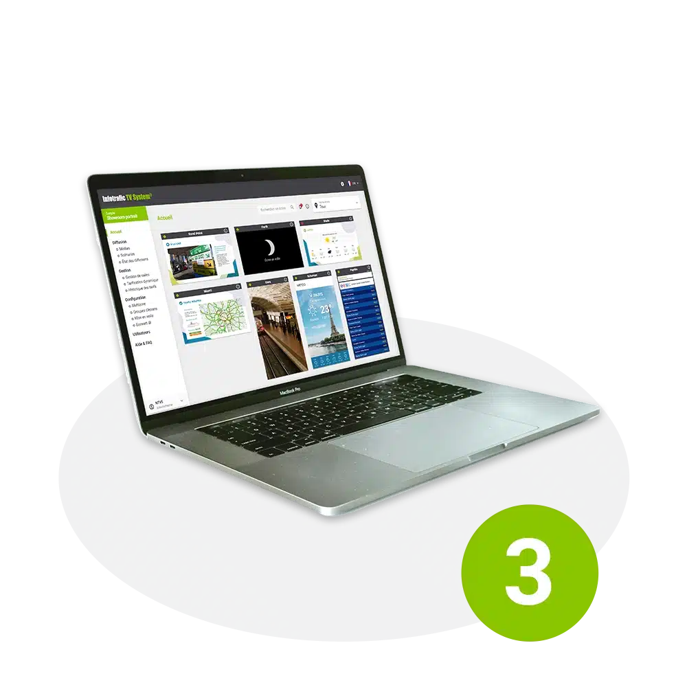 Ordinateur portable affichant le logiciel d'affichage dynamique System TV App