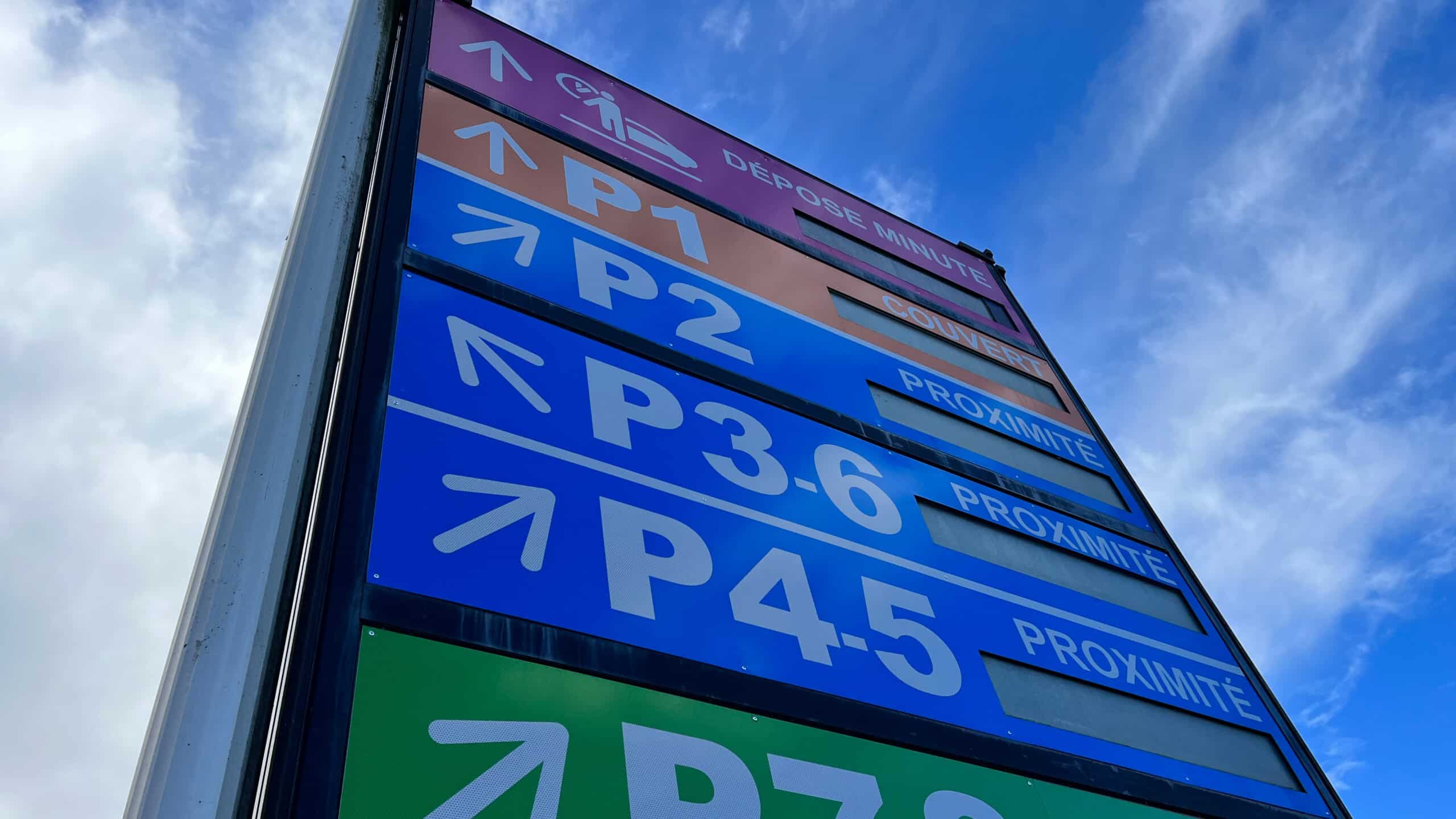 Panneau de jalonnement dynamique des parkings P1 à P7 de l'aéroport Nantes Atlantique
