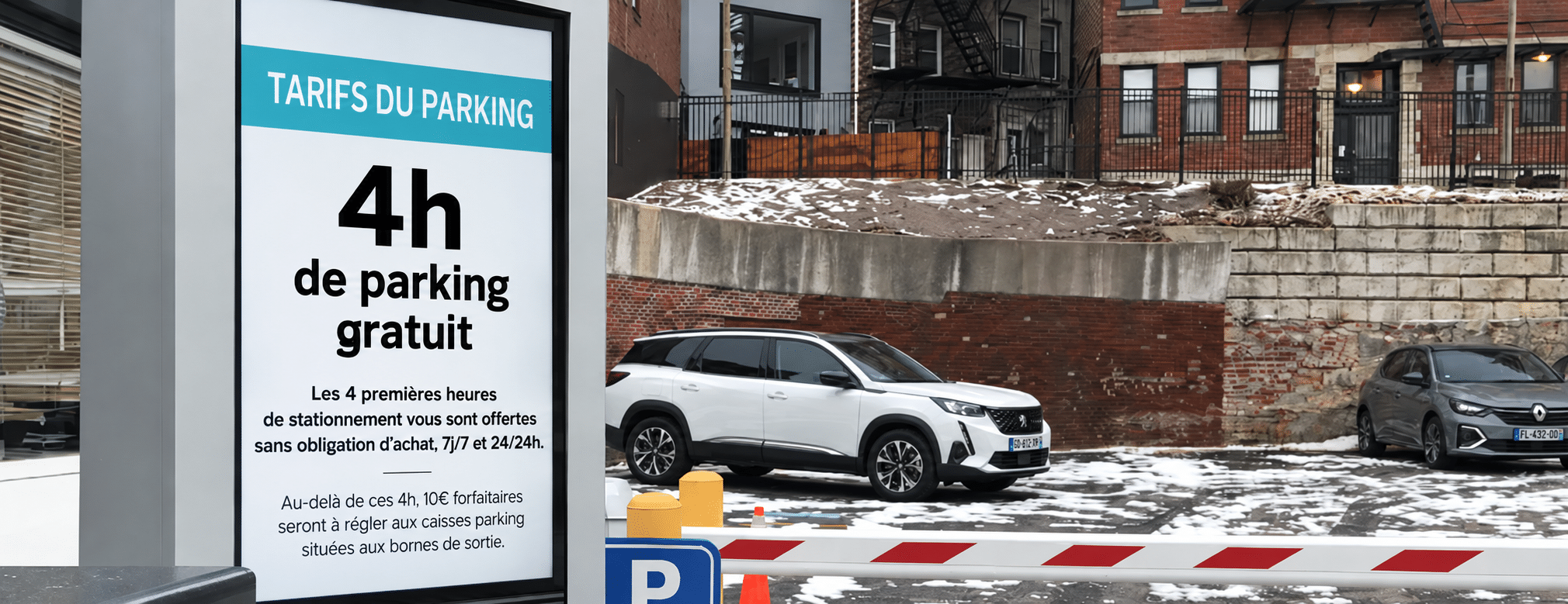 Panneau des tarifs de parking sous la neige : 4 heures de stationnement gratuit